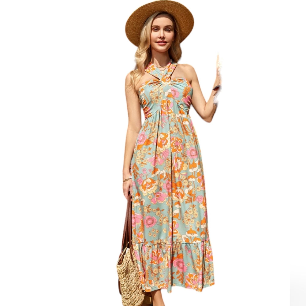 Grace Karin Halter Neck Floral Midi Dress Size L NWT